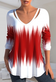Red Cut Out Ombre Long Sleeve T Shirt