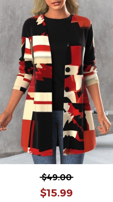 Red Button Geometric Print Long Sleeve Cardigan