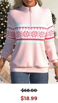 Light Pink Zipper Snowflake Print Long Sleeve Sweatshirt