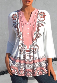 Tribal Print White Split Neck 3/4 Sleeve Blouse