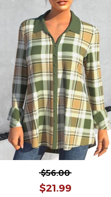 Plaid Turndown Collar Green Long Sleeve Blouse