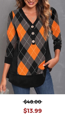 Halloween Plaid Black Decorative Button V Neck T Shirt