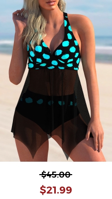 Polka Dot Mesh Stitching Swimdress and Panty