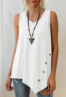 White Asymmetric Hem Decorative Button Tank Top
