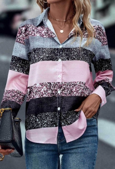 Pink Button Long Sleeve Shirt Collar Blouse