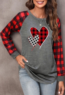 Grey Plaid Long Sleeve Round Neck T Shirt