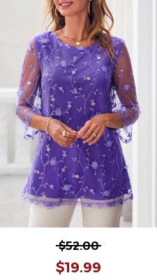 Mesh Stitching Embroidered Purple 3/4 Sleeve Blouse