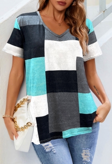 Cyan Contrast V Neck Short Sleeve T Shirt