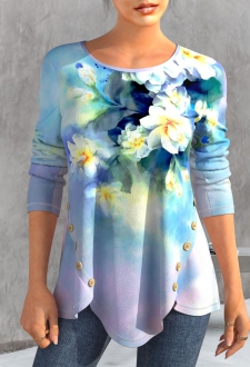 Light Blue Button Floral Print T Shirt