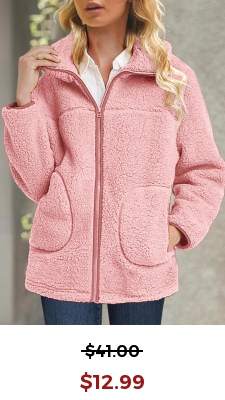 Pink Plush Long Sleeve Turn Down Collar Coat