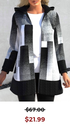 Black Patchwork Geometric Print Long Sleeve Hooded Coat