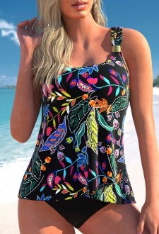 Wide Strap Black Floral Print Tankini Top