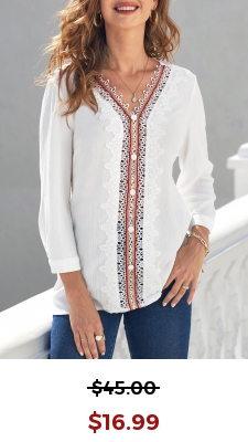Lace Stitching White 3/4 Sleeve Blouse