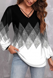Black Metal Ring Geometric Print Long Sleeve Blouse