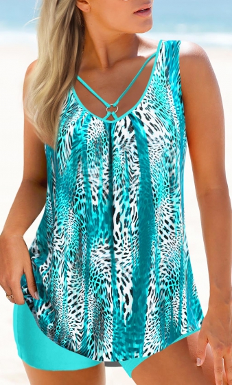 Metal Ring Mid Waisted Leopard Cyan Tankini Set