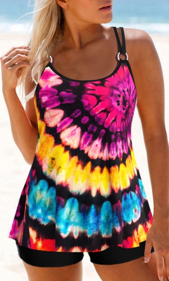 Metal Ring Tie Dye Print Tankini Top