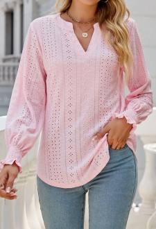 Light Pink Breathable Long Sleeve Split Neck Blouse