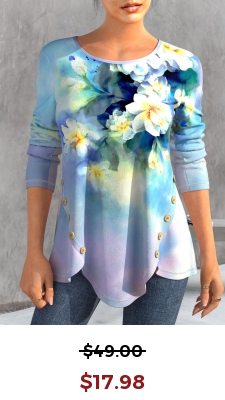 Light Blue Button Floral Print T Shirt