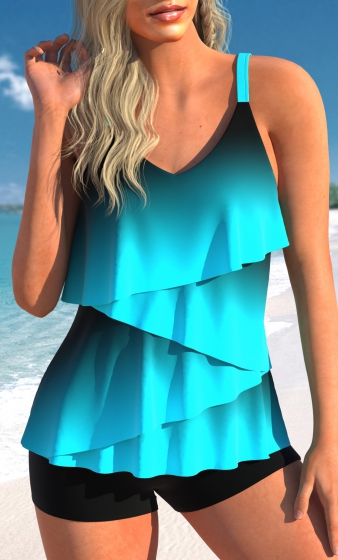 Layered Hem Ombre Cyan Tankini Top