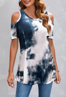 Tie Dye Print Cold Shoulder Navy T Shirt