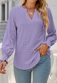 Neon Violet Breathable Long Sleeve Split Neck Blouse