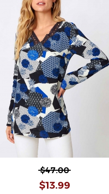 Lace Panel V Neck Floral Print Blouse