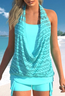 Lace Cyan Tie Side Tankini Top
