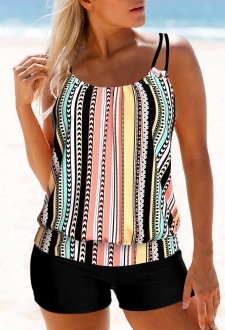 Multi Stripe Print Double Straps Tankini Top