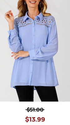 Lace Trim Turndown Collar Blue Long Sleeve Blouse