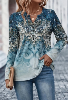 Dusty Blue Button Tribal Print T Shirt