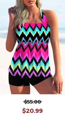 Rainbow Stripe Tie Back Halter Tankini Set