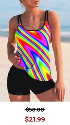 Mid Waist Rainbow Color Printed Tankini Set
