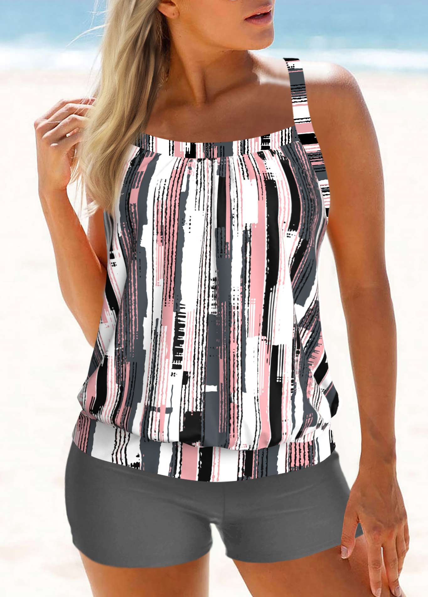 Criss Cross Geometric Print Grey Tankini Top