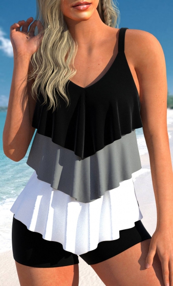 Handkerchief Hem Black Contrast Tankini Top