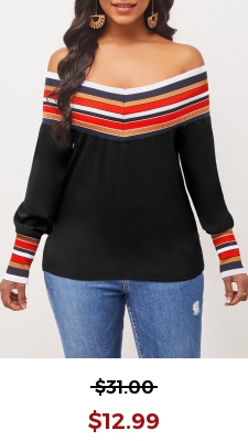 Stripe Off Shoulder Black Long Sleeve Blouse