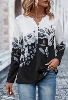 Black Button Floral Print Long Sleeve T Shirt