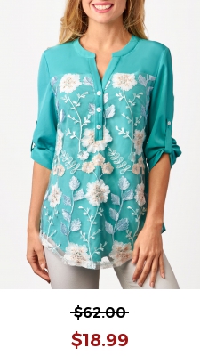 Mesh Stitching Split Neck Embroidered Cyan Blouse