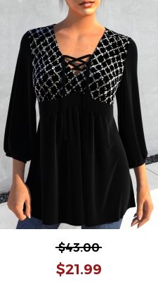 Black Sequin 3/4 Sleeve V Neck Blouse