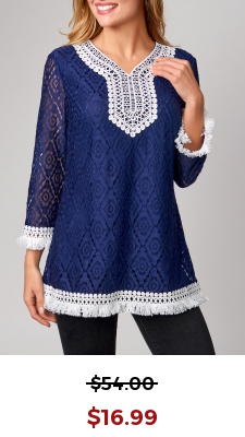 Lace Tassel 3/4 Sleeve Navy Blue T Shirt