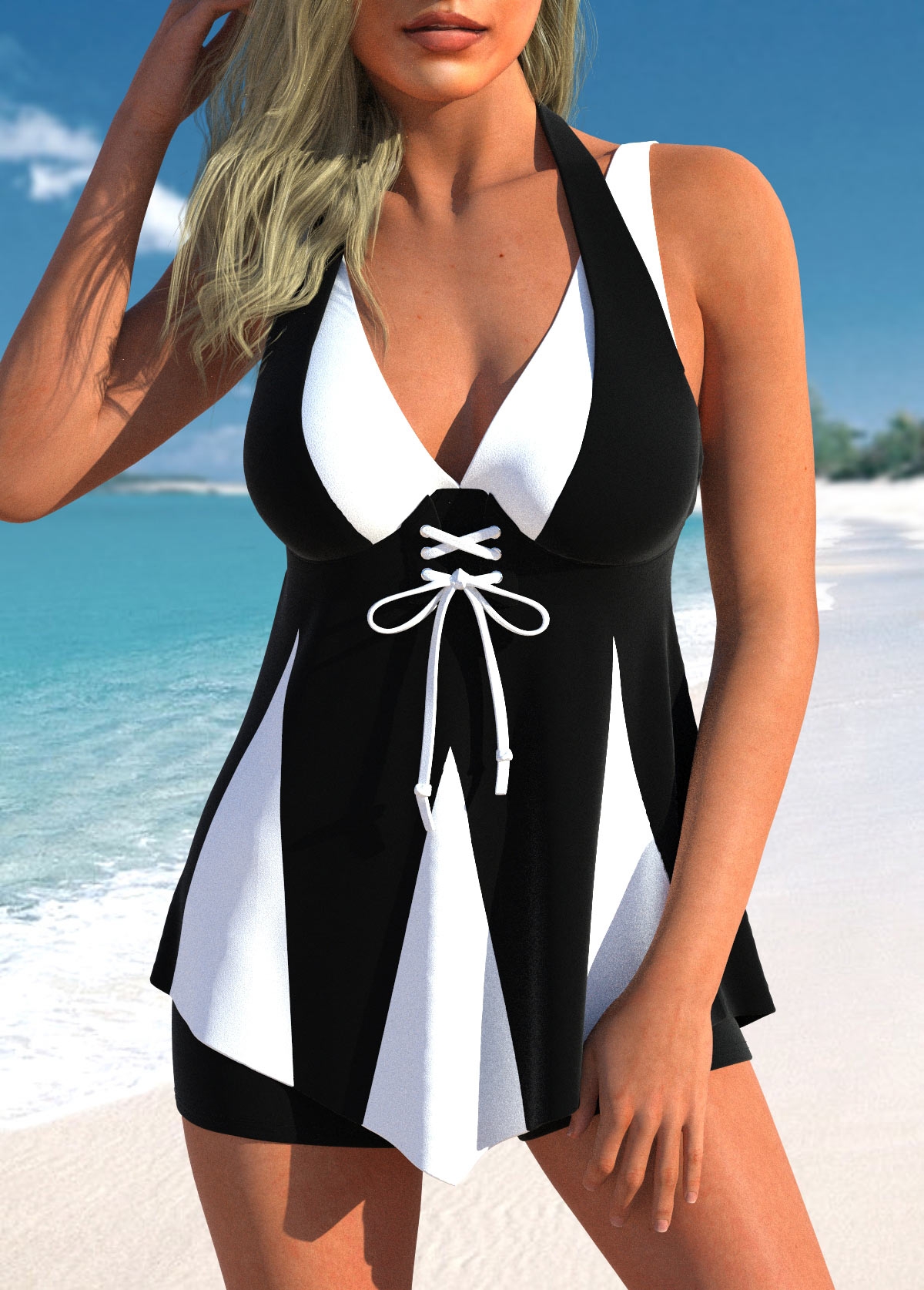 Lace Up Black Contrast Swimdress Top