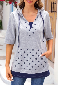 Light Grey Marl Pocket Star Print Hoodie