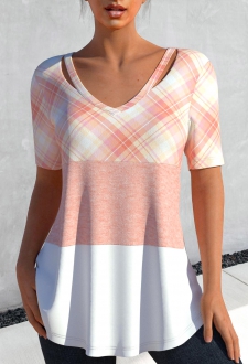 Light Pink Cut Out Plaid T Shirt
