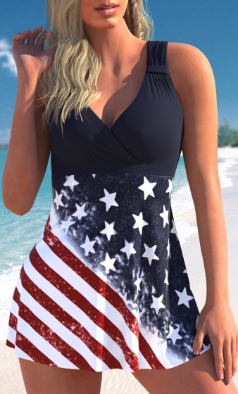 Ruched American Flag Print Multi Color Swimdress Top