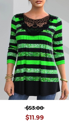 Lace Patchwork Striped Patricks Day Black T Shirt