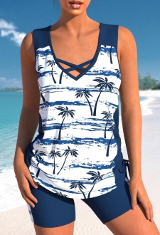 Criss Cross Tropical Plants Print Navy Tankini Top