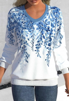 Light Blue Leaf Print Long Sleeve Sweatshirt