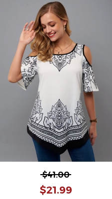 Tribal Print Cold Shoulder Asymmetric Hem T Shirt