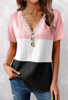 Pink Lace Short Sleeve V Neck T Shirt