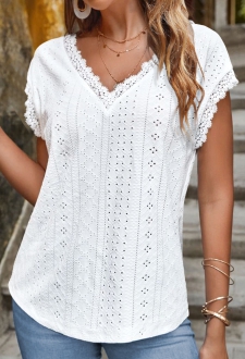 White Lace Short Sleeve V Neck T Shirt