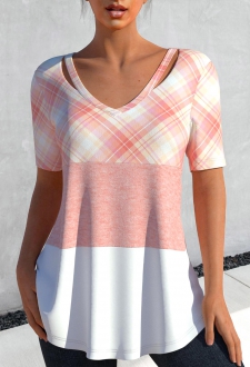 Light Pink Cut Out Plaid T Shirt
